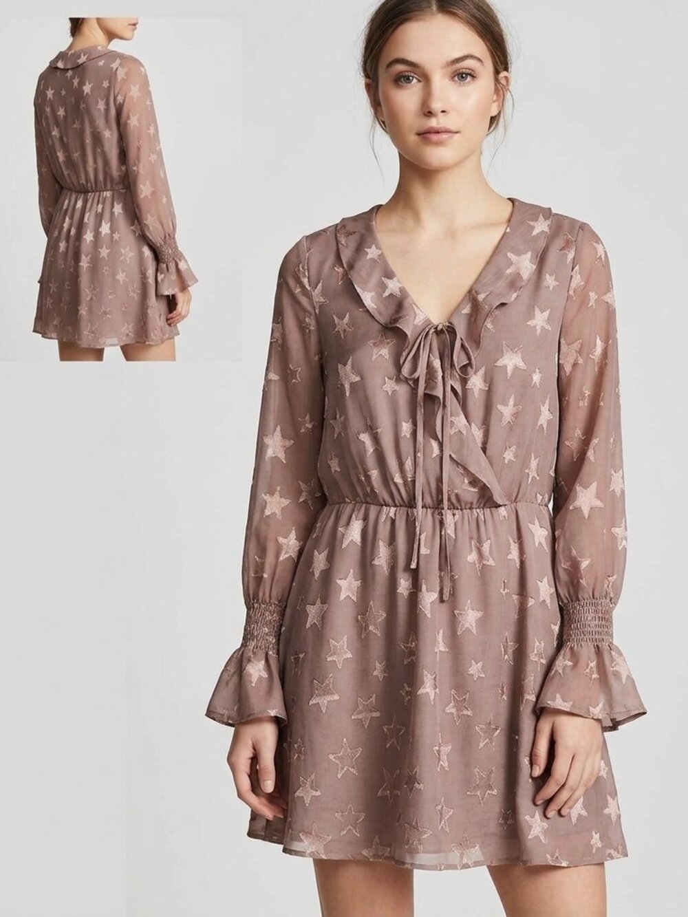 En Creme Anthro Satin Star Print Mini Dress S Fairycore Celestial Bell Sleeve